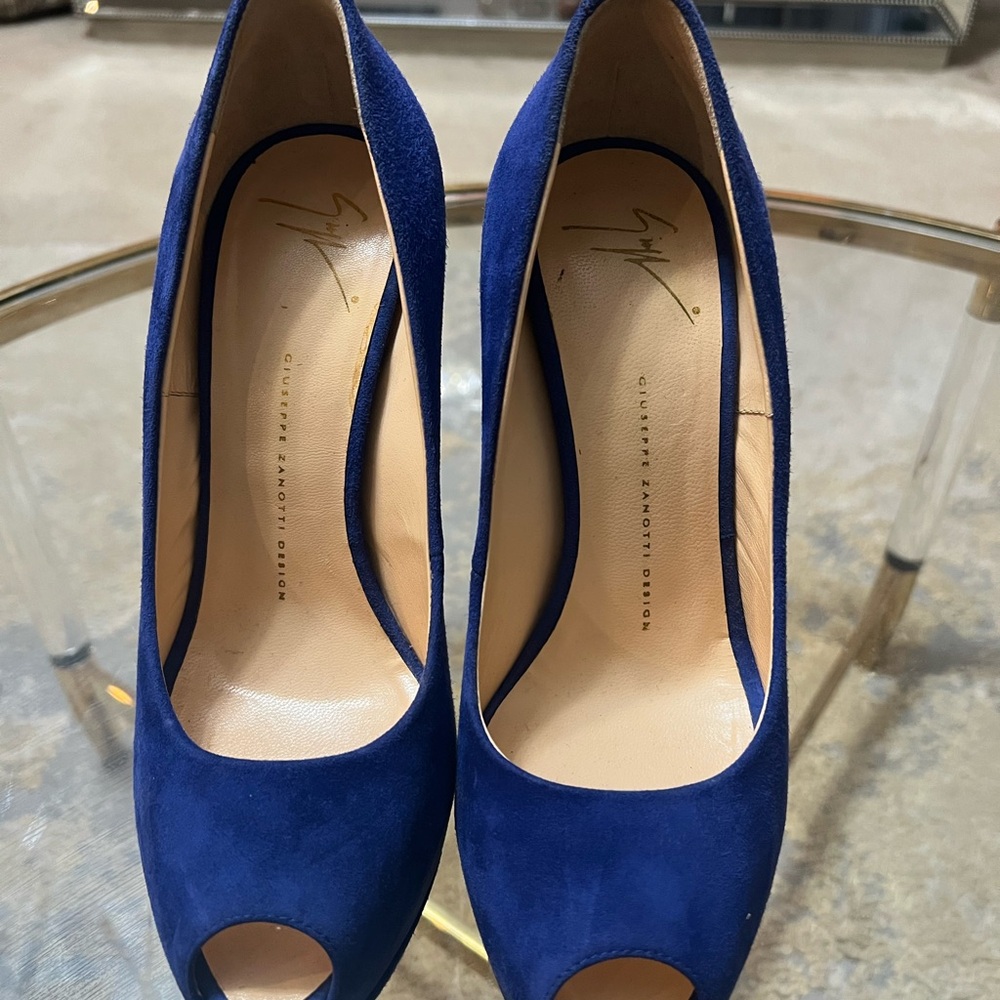 Giuseppe Zanotti Blue Suede Peep-Toe Heels